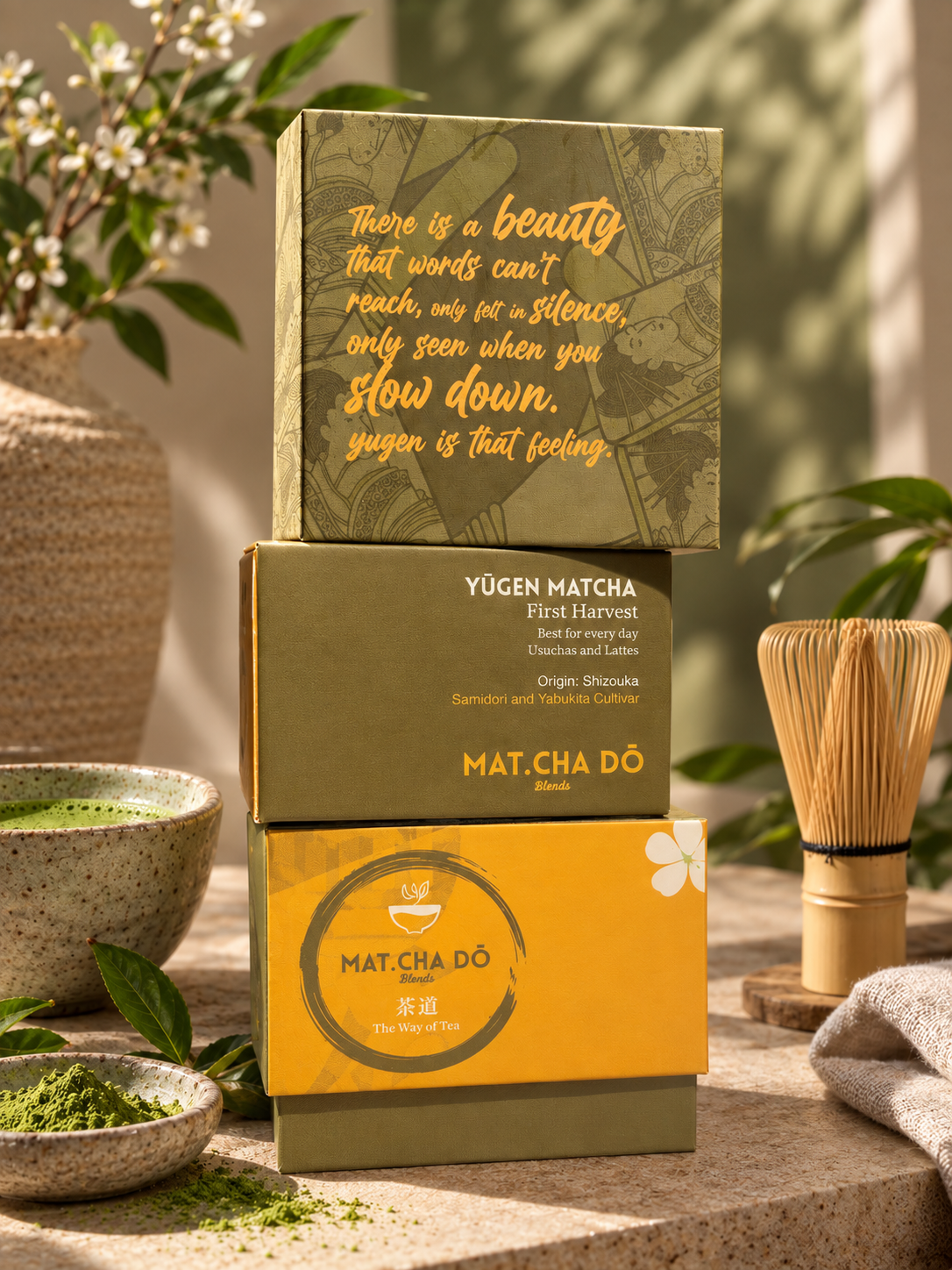 Yugen stack of boxes, matcha from Shizouka Japan