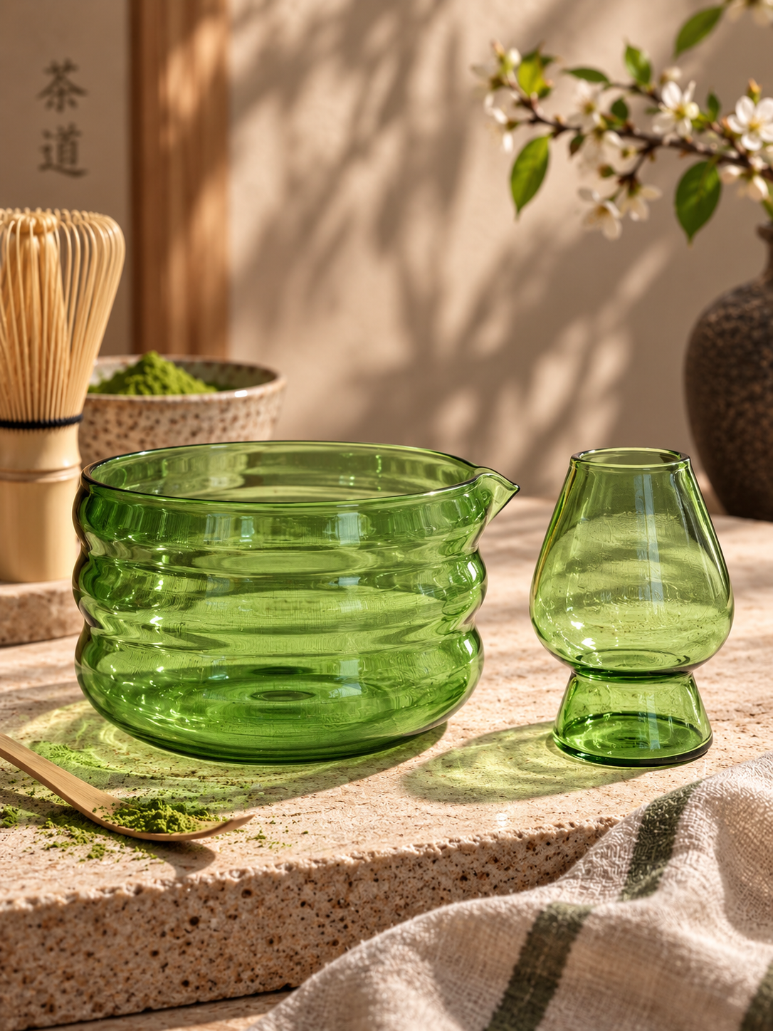 green matcha chawan bowl and whisk holder set. matcha do